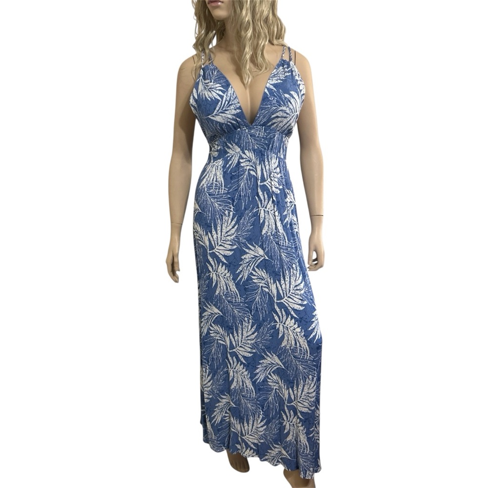 Timing Blue White Tropical Palm Print Smocked Halter V-Neck Maxi Dress L
